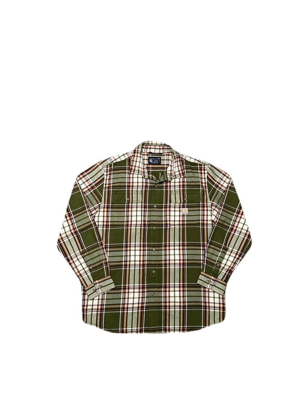 Carhartt Men's Loose Fit Heavyweight Flannel Plaid Shirt Green Orange Large